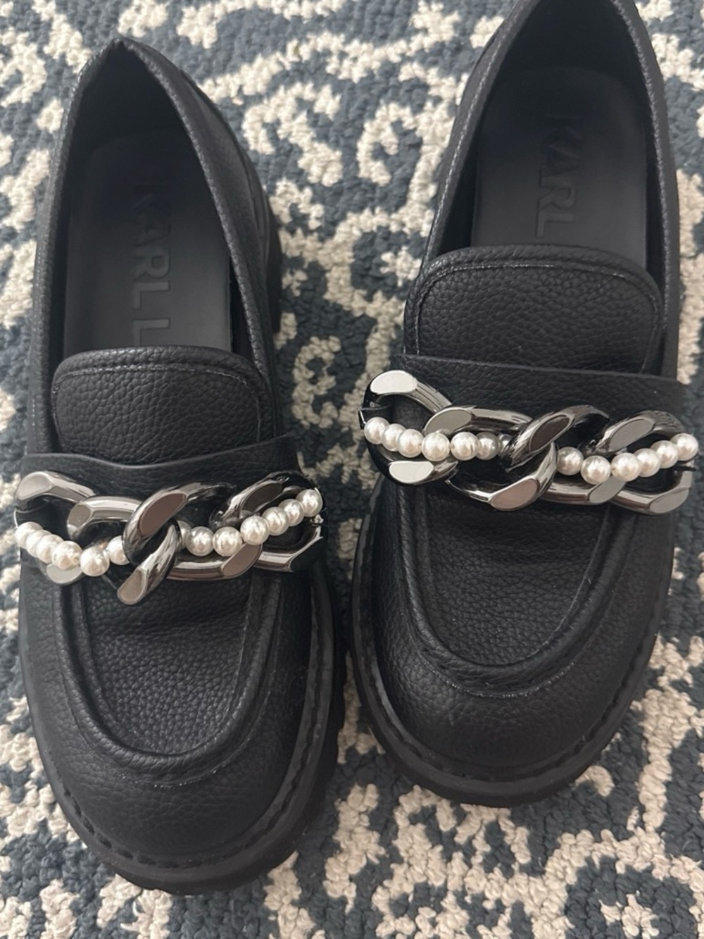 Karl Lagerfeld Black Leather Pearl-Accent Chain Loafers
